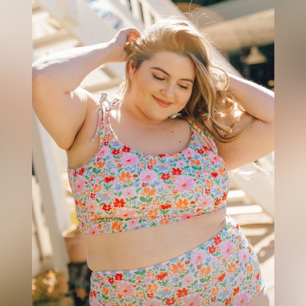 NWT Lime Rick Swim Top PAINTED FLORAL SHOULDER-TIE CROP TOP